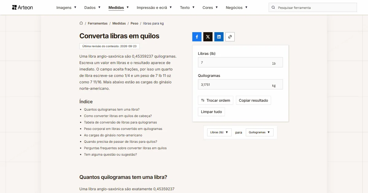 Captura de ecrã da ferramenta gratuita da Arteon: Converta libras em quilos