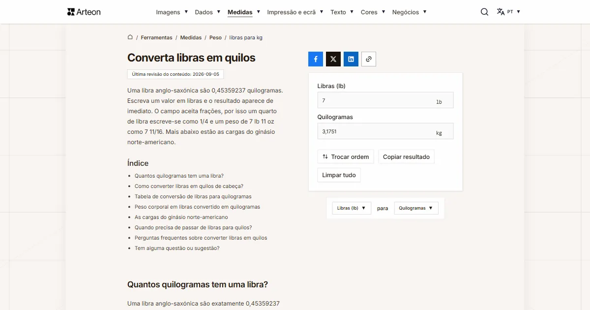 Captura de ecrã da ferramenta gratuita da Arteon: Converta libras em quilos