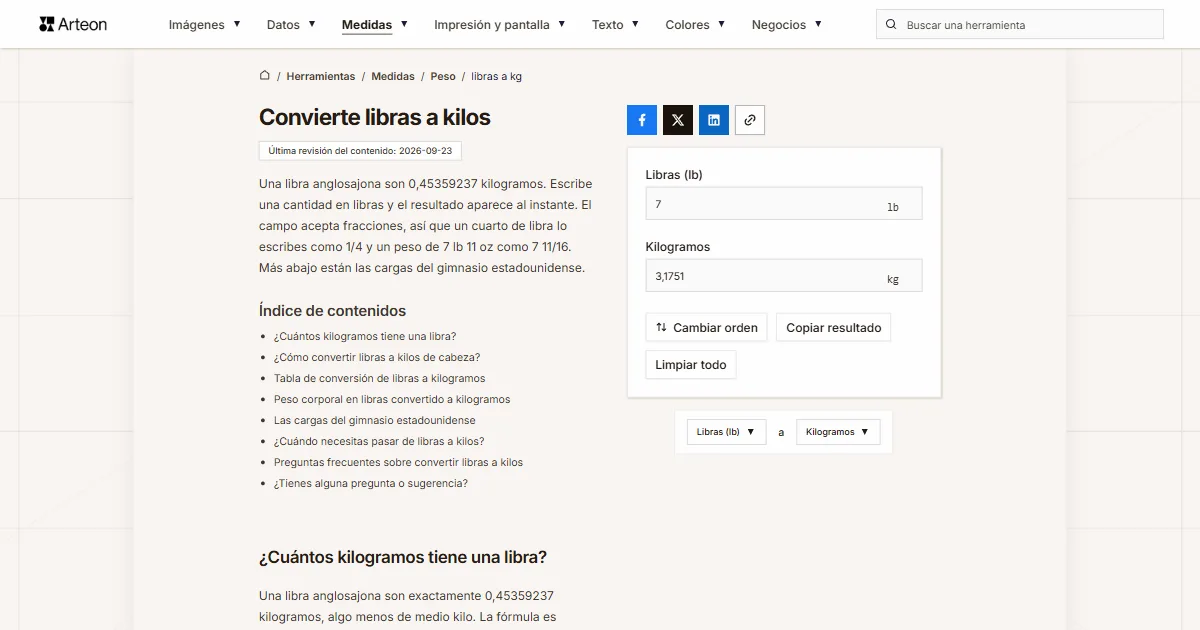 Captura de pantalla de la herramienta gratuita de Arteon: Convierte libras a kilos