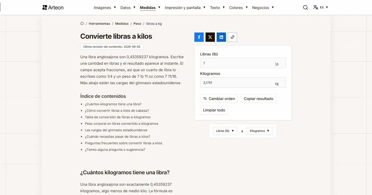 Captura de pantalla de la herramienta gratuita de Arteon: Convierte libras a kilos