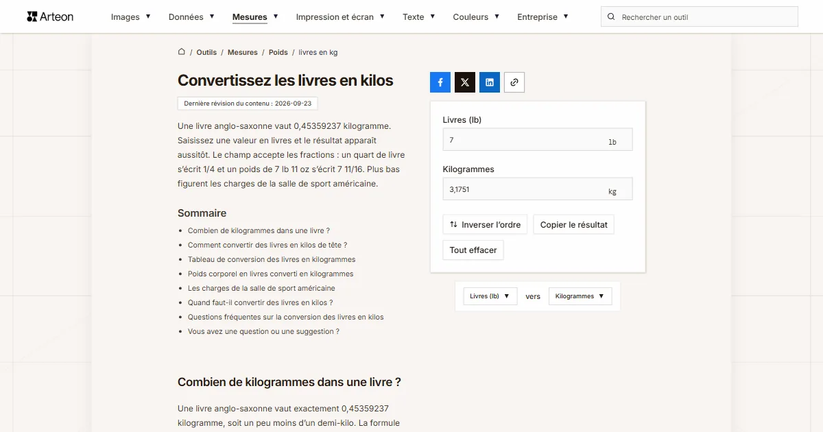 Capture d'écran de l'outil gratuit d'Arteon: Convertissez les livres en kilos