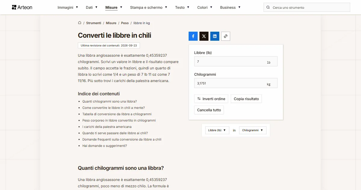 Screenshot dello strumento gratuito Arteon: Converti le libbre in chili
