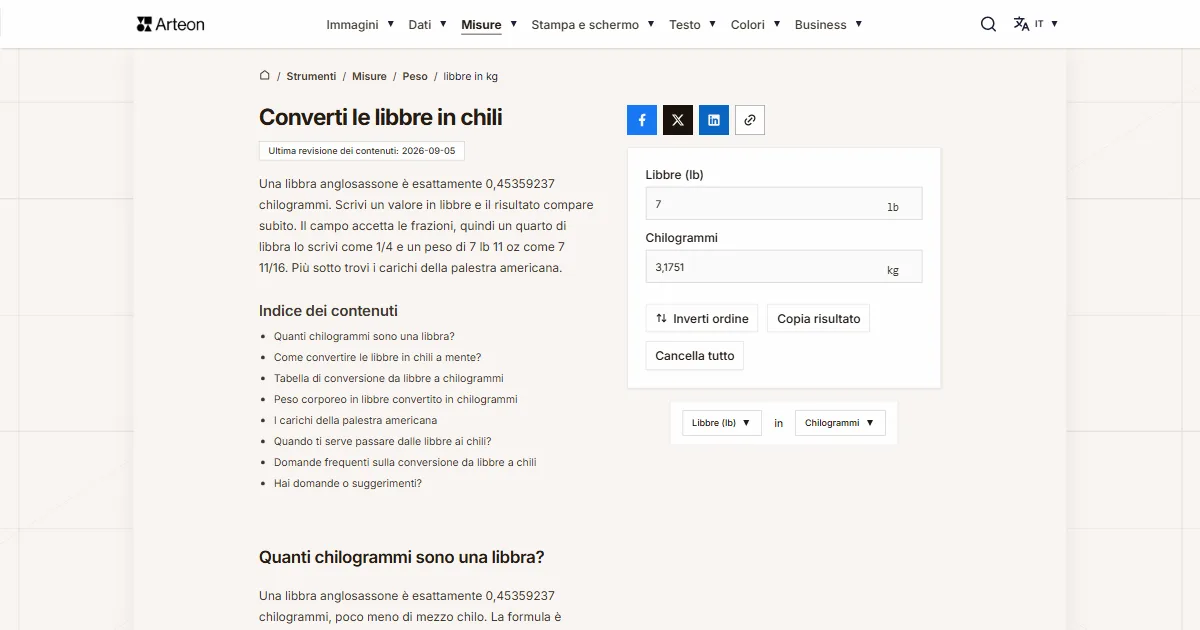 Screenshot dello strumento gratuito Arteon: Converti le libbre in chili