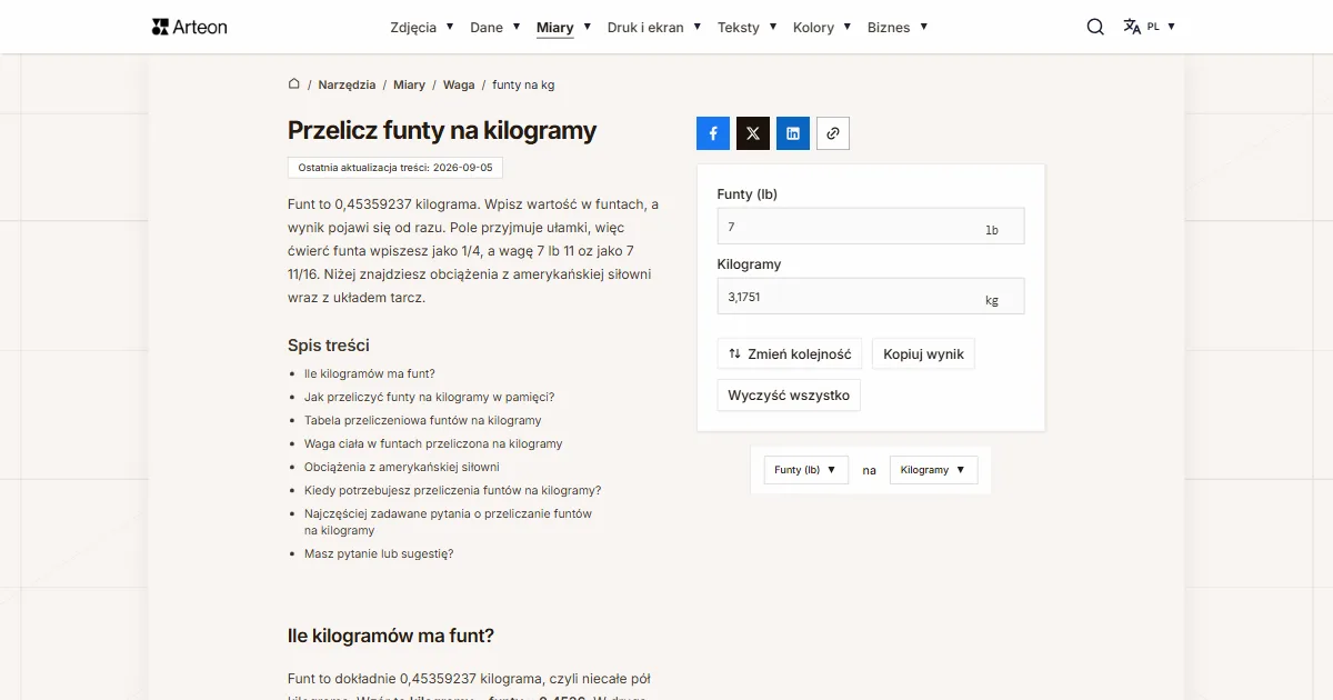 Zrzut ekranu darmowego narzędzia Arteon: Przelicz funty na kilogramy