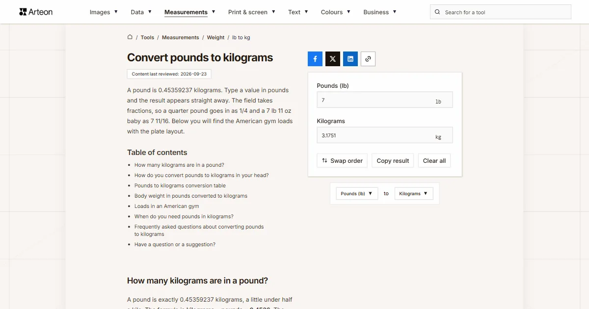 Arteon free tool screenshot: Convert pounds to kilograms
