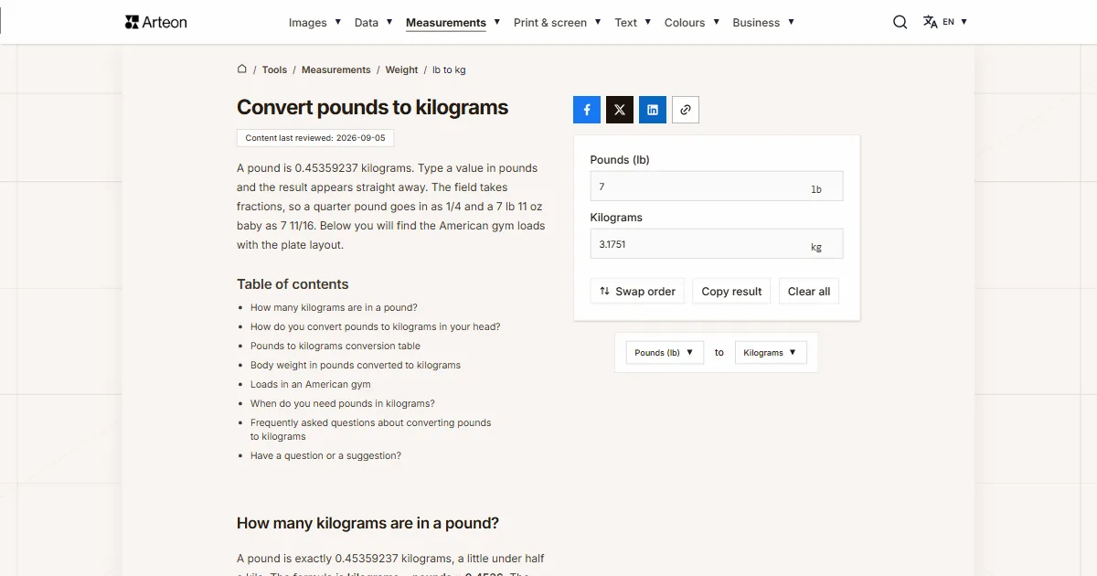Arteon free tool screenshot: Convert pounds to kilograms