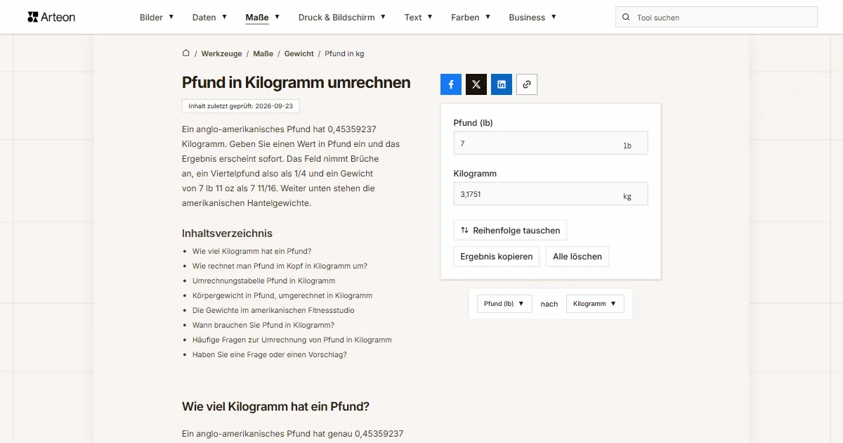 Screenshot des kostenlosen Arteon-Werkzeugs: Pfund in Kilogramm umrechnen