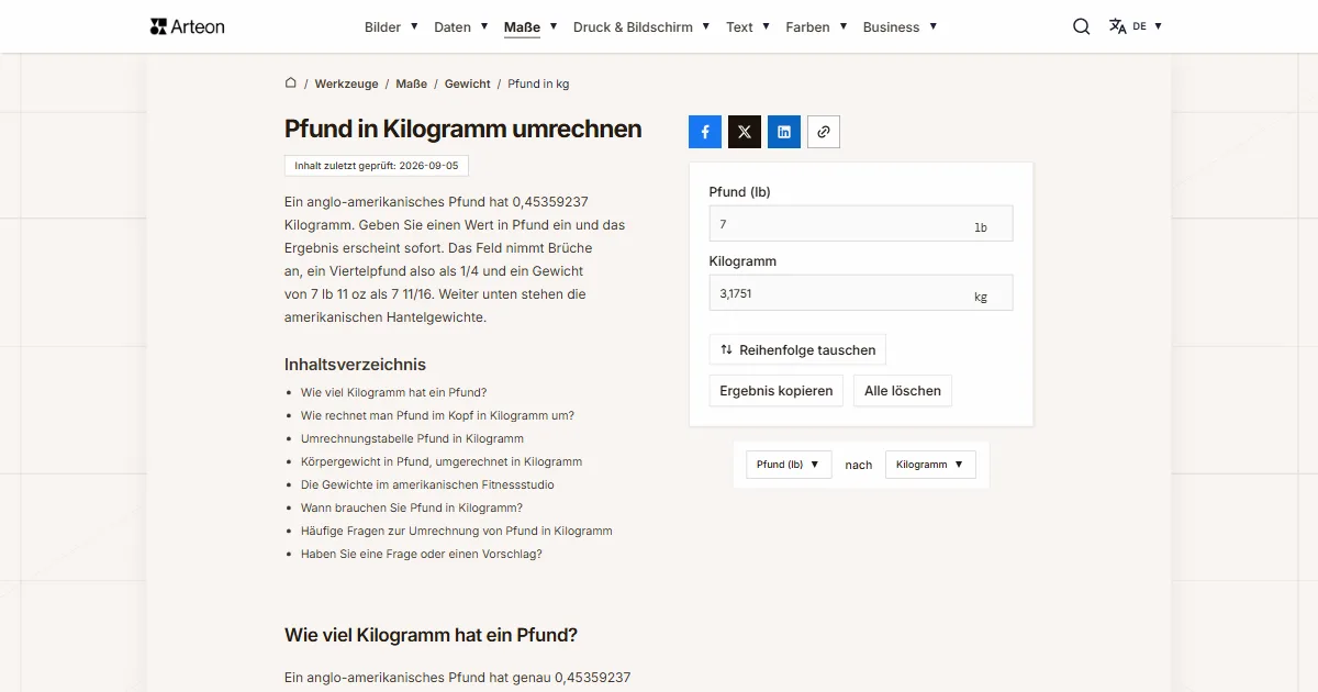 Screenshot des kostenlosen Arteon-Werkzeugs: Pfund in Kilogramm umrechnen