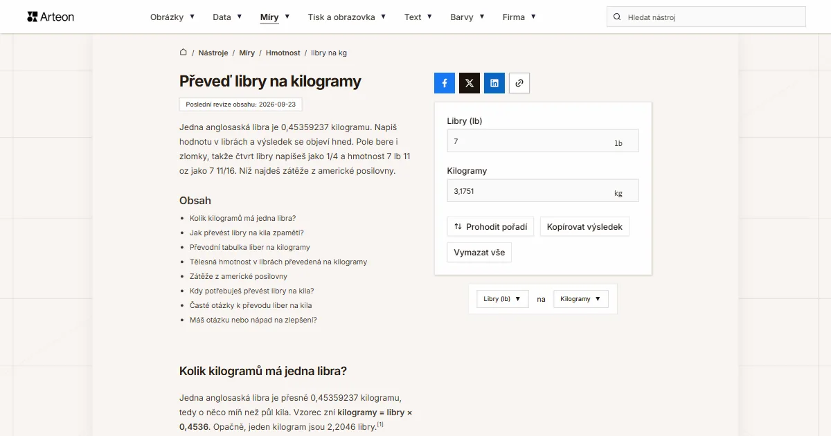 Snímek obrazovky bezplatného nástroje Arteon: Převeď libry na kilogramy