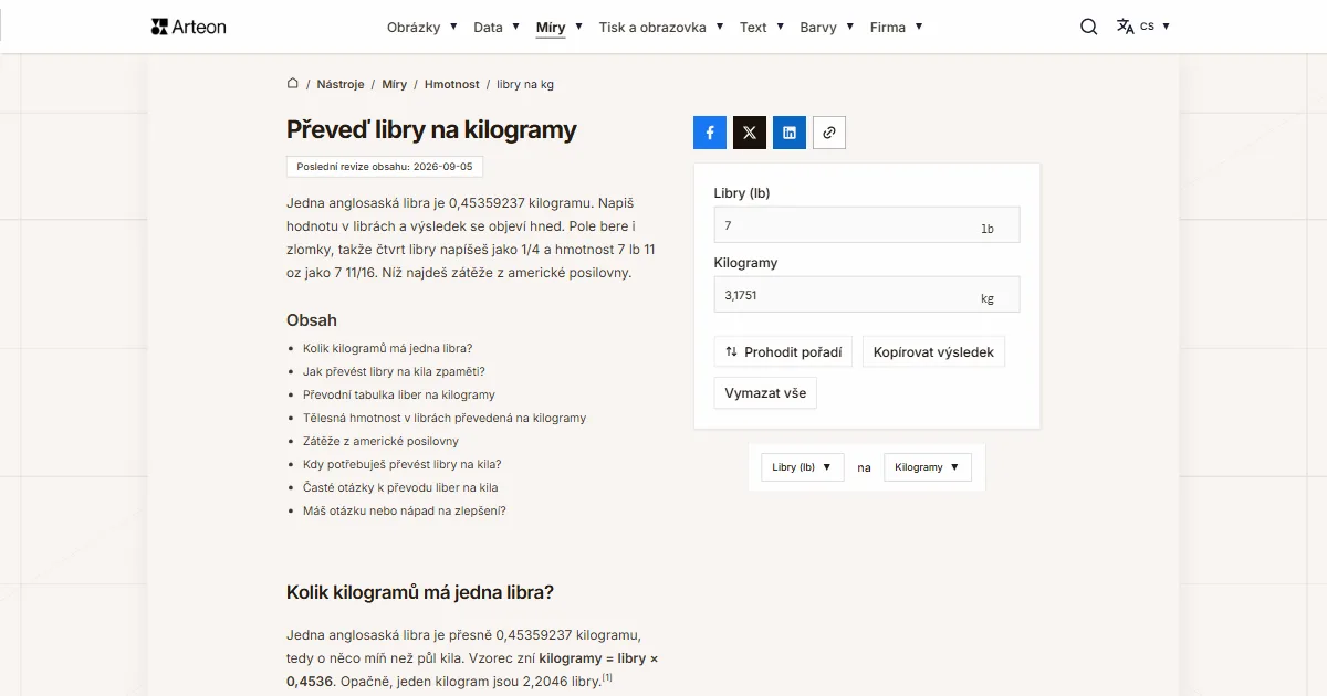 Snímek obrazovky bezplatného nástroje Arteon: Převeď libry na kilogramy