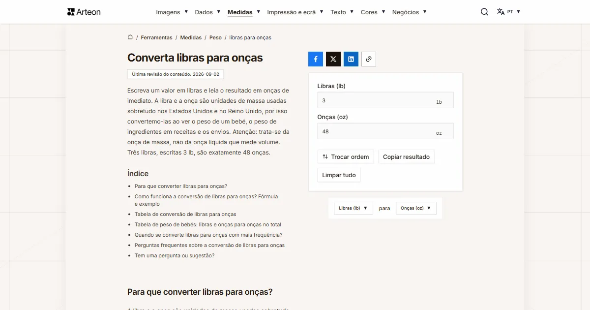 Captura de ecrã da ferramenta gratuita da Arteon: Converta libras para onças