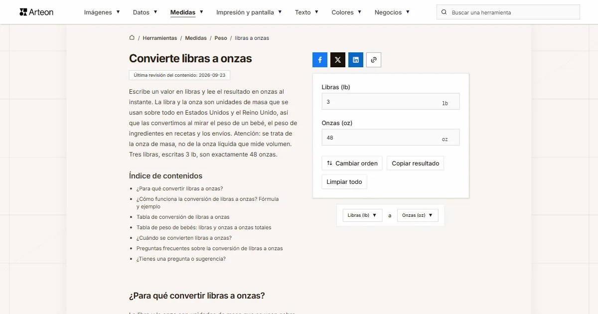 Captura de pantalla de la herramienta gratuita de Arteon: Convierte libras a onzas