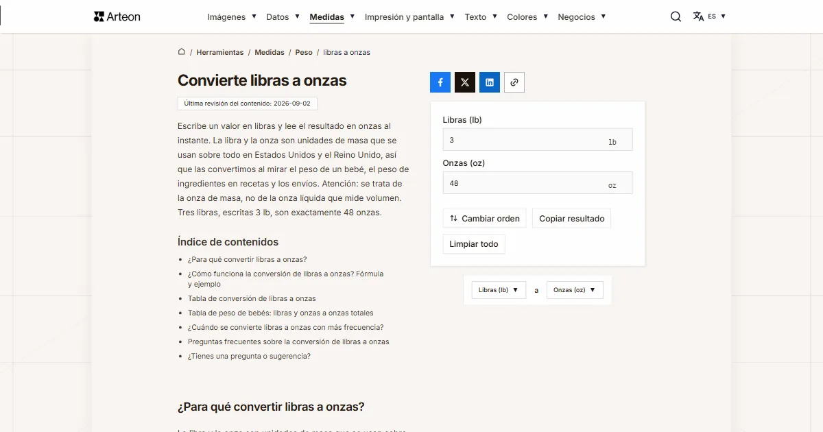 Captura de pantalla de la herramienta gratuita de Arteon: Convierte libras a onzas