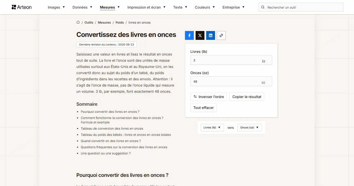 Capture d'écran de l'outil gratuit d'Arteon: Convertissez des livres en onces