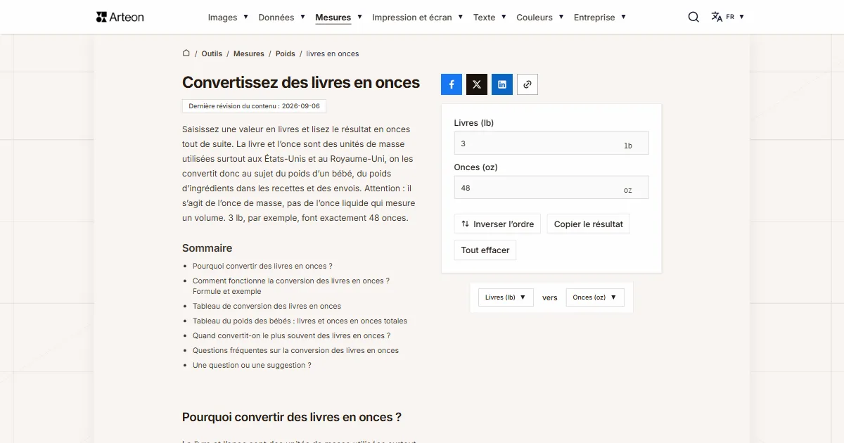 Capture d'écran de l'outil gratuit d'Arteon: Convertissez des livres en onces
