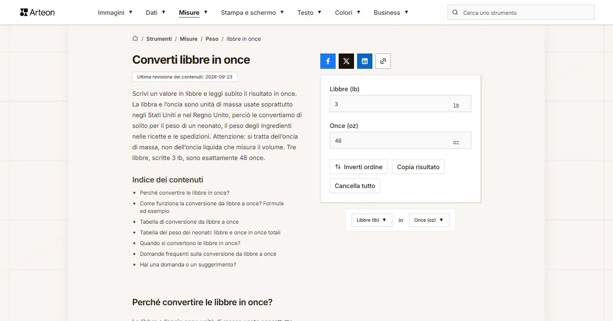 Screenshot dello strumento gratuito Arteon: Converti libbre in once