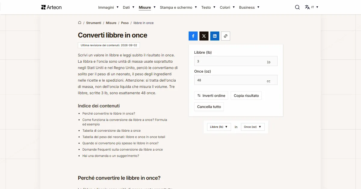 Screenshot dello strumento gratuito Arteon: Converti libbre in once