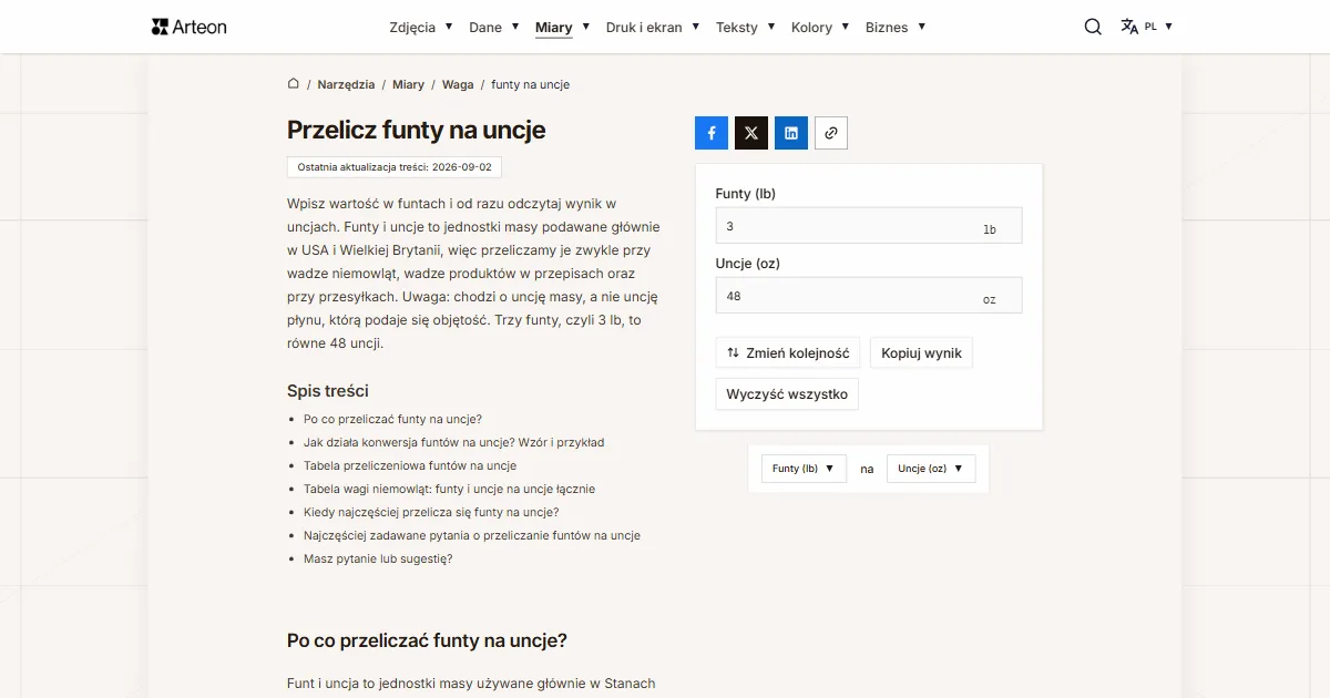 Zrzut ekranu darmowego narzędzia Arteon: Przelicz funty na uncje