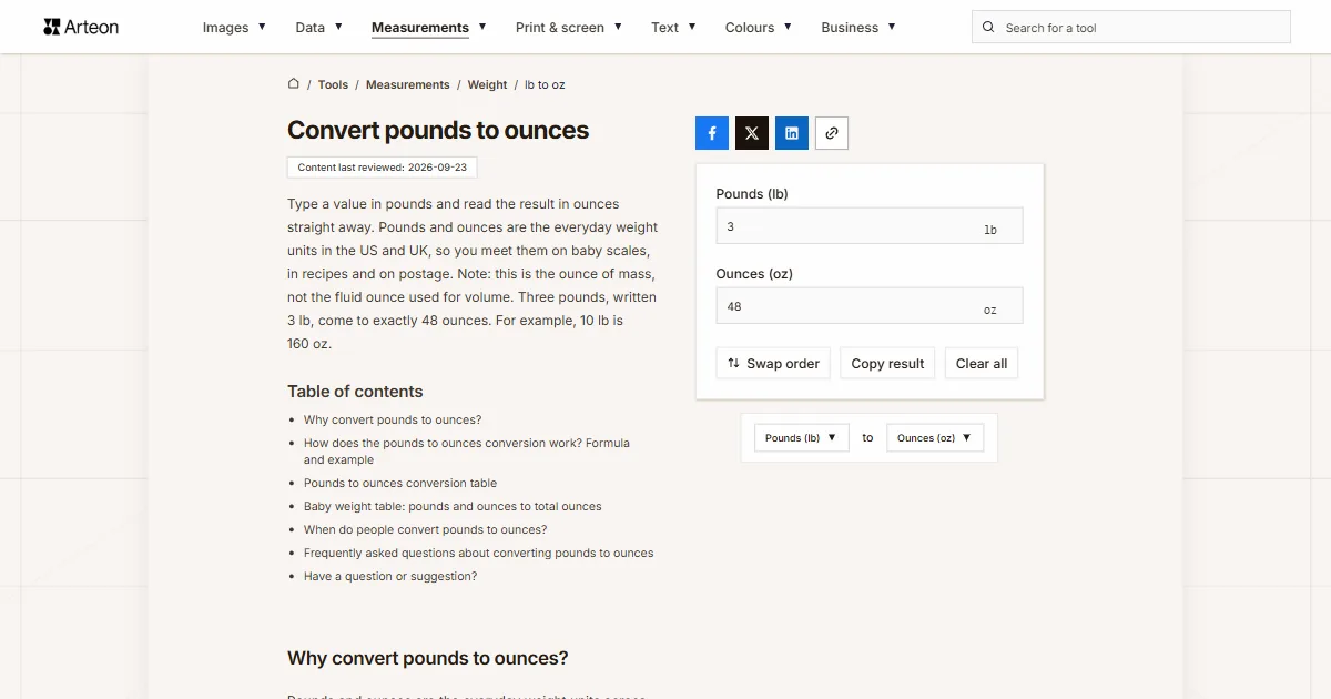 Arteon free tool screenshot: Convert pounds to ounces