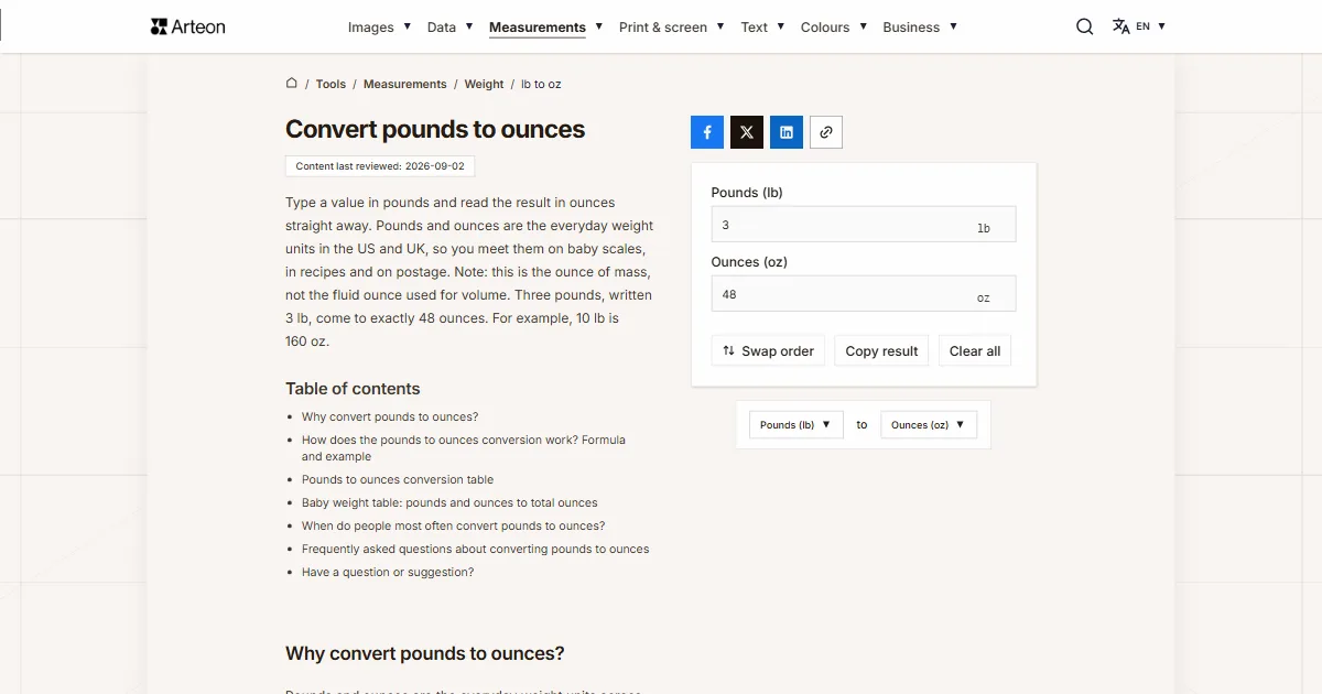 Arteon free tool screenshot: Convert pounds to ounces