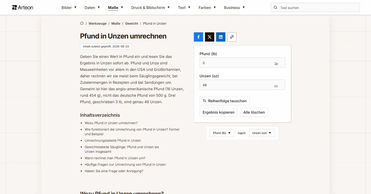 Screenshot des kostenlosen Arteon-Werkzeugs: Pfund in Unzen umrechnen