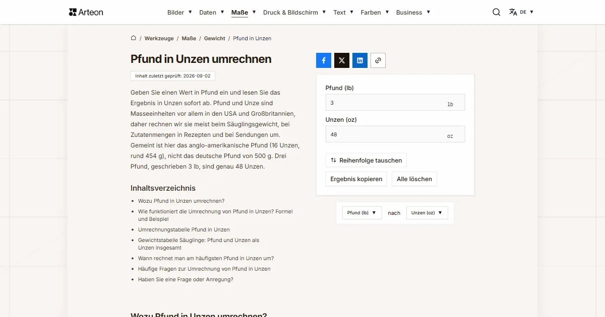 Screenshot des kostenlosen Arteon-Werkzeugs: Pfund in Unzen umrechnen