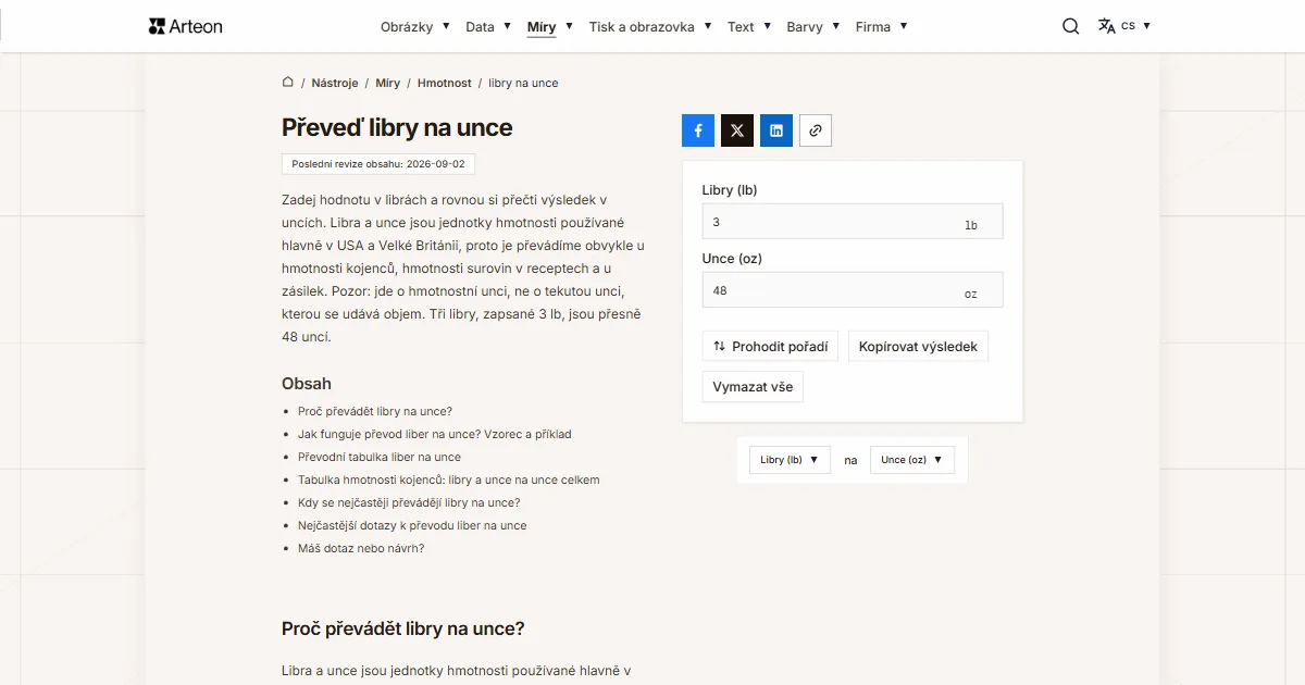 Snímek obrazovky bezplatného nástroje Arteon: Převeď libry na unce