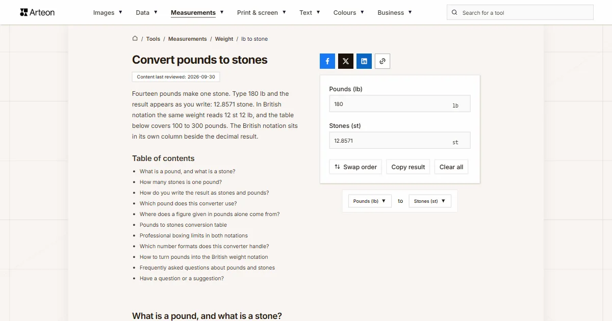 Arteon free tool screenshot: Convert pounds to stones