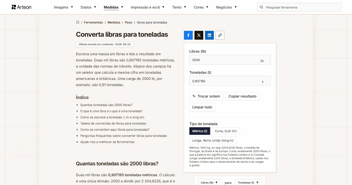 Captura de ecrã da ferramenta gratuita da Arteon: Converta libras para toneladas