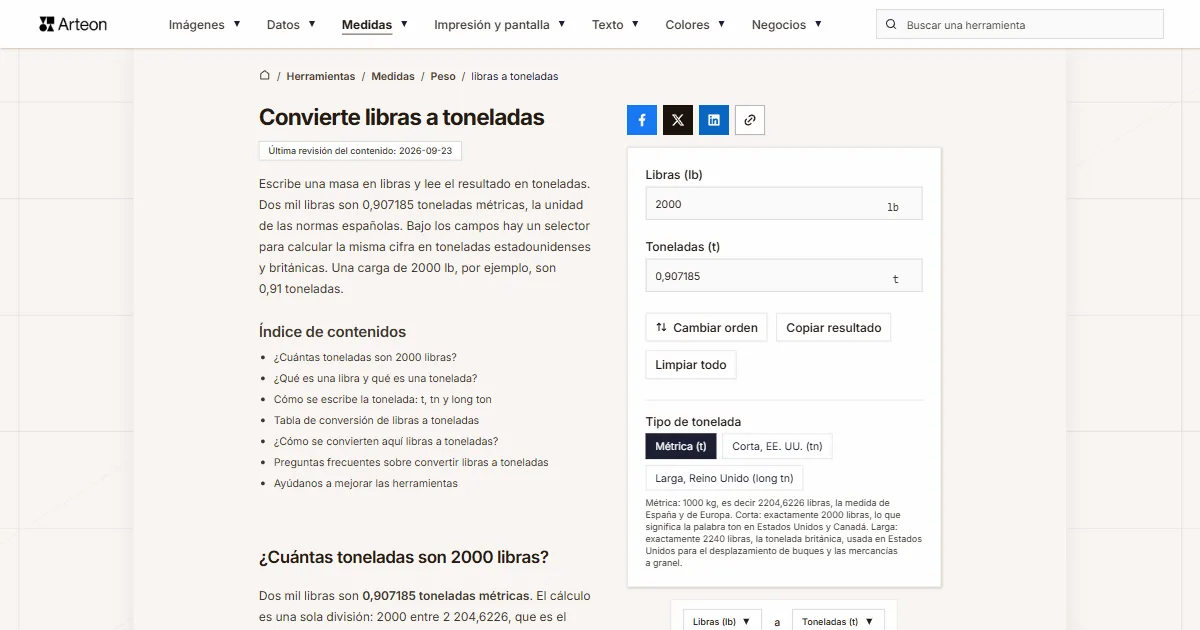 Captura de pantalla de la herramienta gratuita de Arteon: Convierte libras a toneladas
