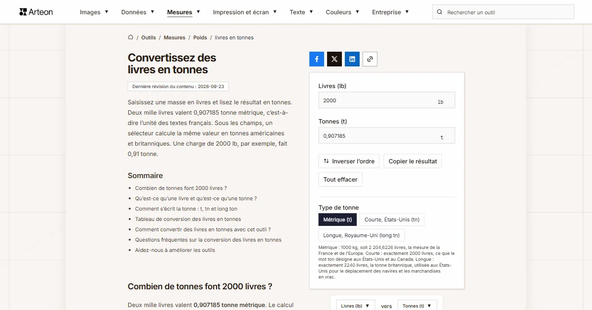 Capture d'écran de l'outil gratuit d'Arteon: Convertissez des livres en tonnes