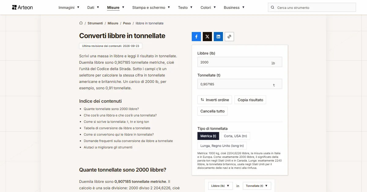 Screenshot dello strumento gratuito Arteon: Converti libbre in tonnellate