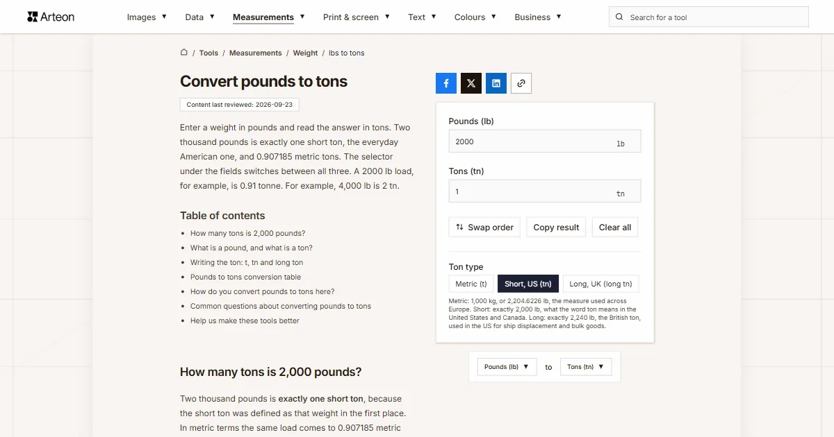 Arteon free tool screenshot: Convert pounds to tons