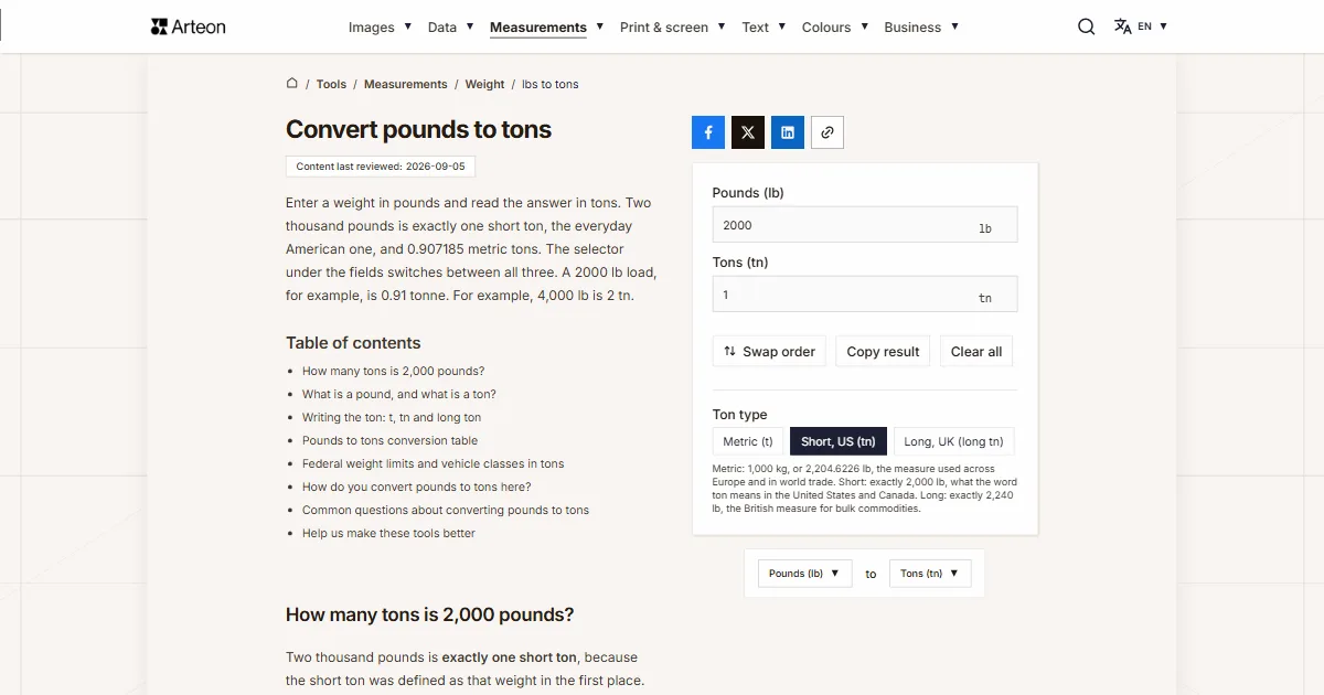 Arteon free tool screenshot: Convert pounds to tons