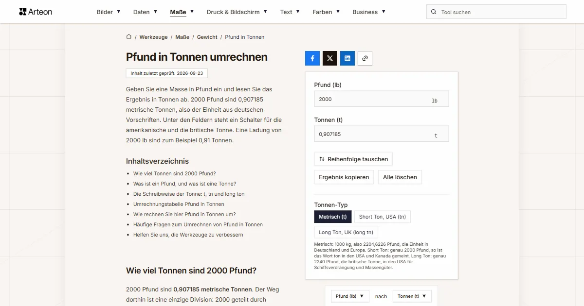 Screenshot des kostenlosen Arteon-Werkzeugs: Pfund in Tonnen umrechnen