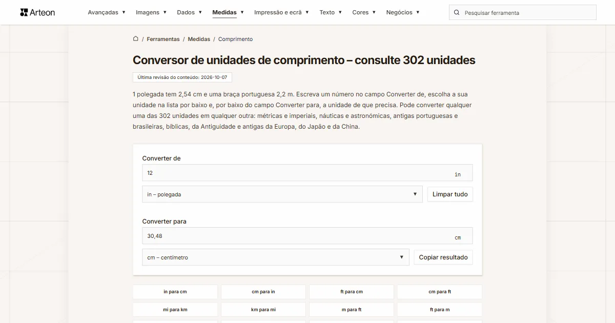 Captura de ecrã da ferramenta gratuita da Arteon: Conversor de unidades de comprimento – consulte 302 unidades
