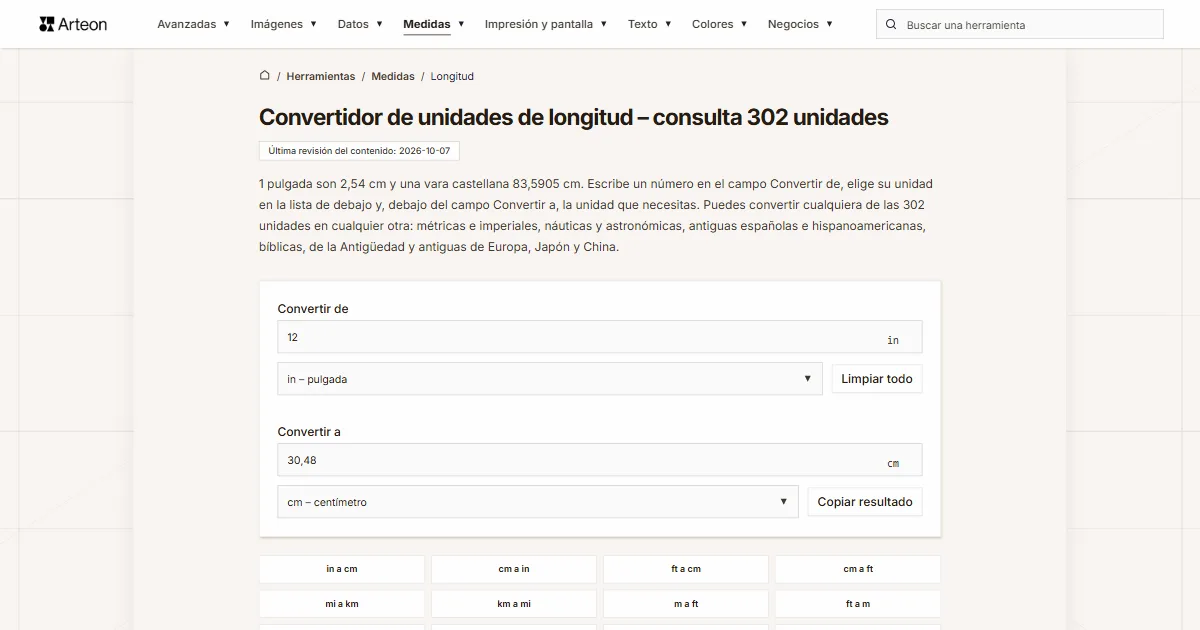 Captura de pantalla de la herramienta gratuita de Arteon: Convertidor de unidades de longitud – consulta 302 unidades