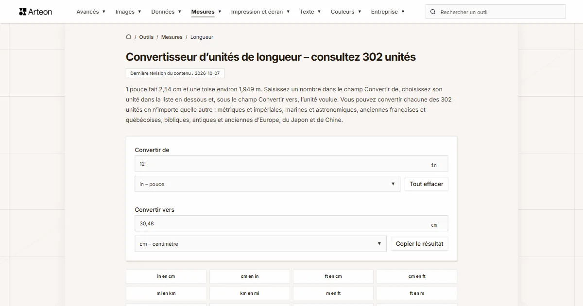 Capture d'écran de l'outil gratuit d'Arteon: Convertisseur d’unités de longueur – consultez 302 unités