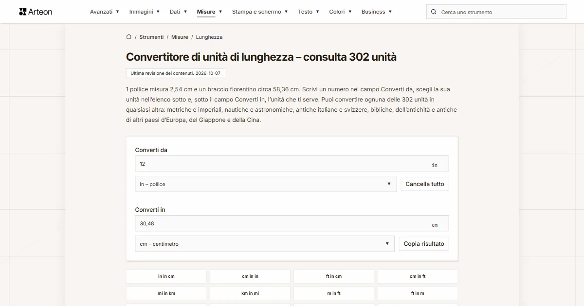 Screenshot dello strumento gratuito Arteon: Convertitore di unità di lunghezza – consulta 302 unità