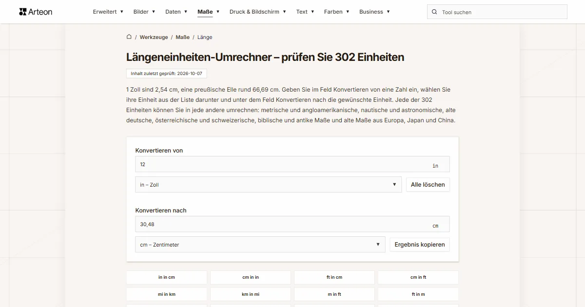 Screenshot des kostenlosen Arteon-Werkzeugs: Längeneinheiten-Umrechner – prüfen Sie 302 Einheiten