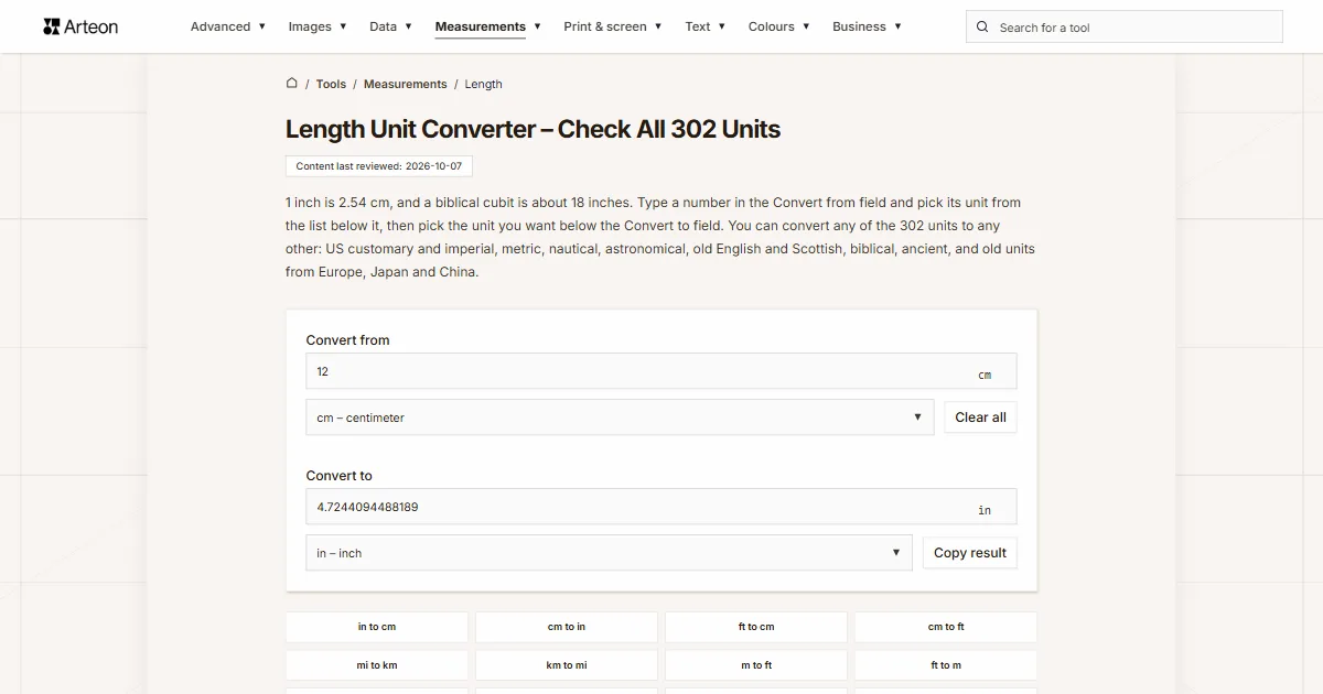 Arteon free tool screenshot: Length Unit Converter – Check All 302 Units