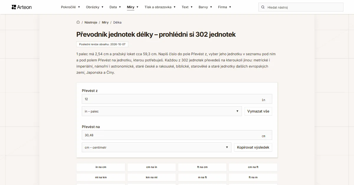 Snímek obrazovky bezplatného nástroje Arteon: Převodník jednotek délky – prohlédni si 302 jednotek