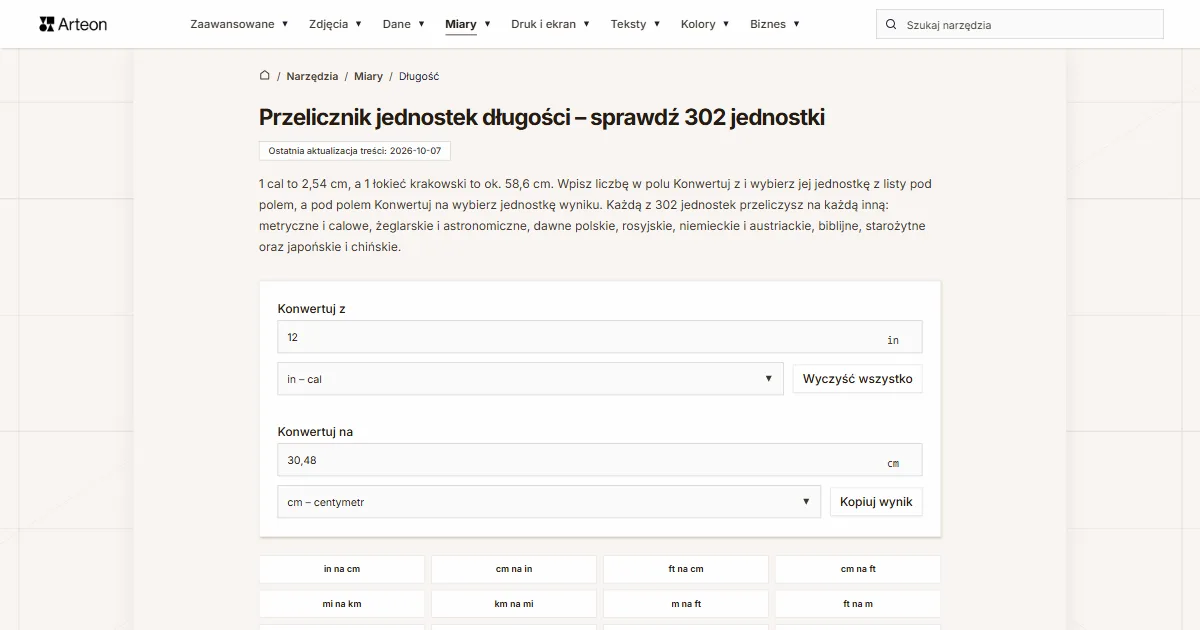 Zrzut ekranu darmowego narzędzia Arteon: Przelicznik jednostek długości – sprawdź 302 jednostki