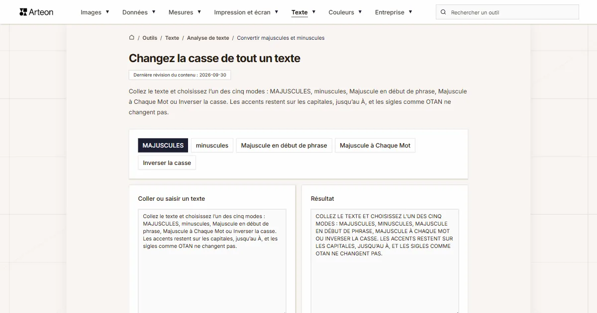 Capture d'écran de l'outil gratuit d'Arteon: Changez la casse de tout un texte