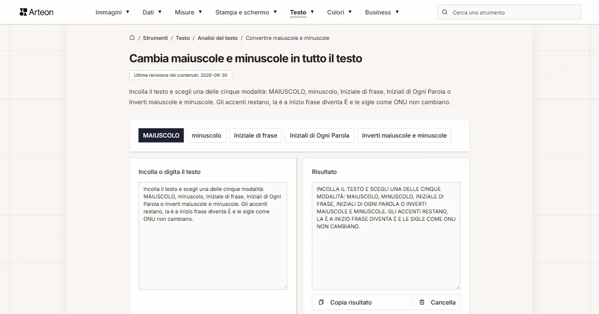 Screenshot dello strumento gratuito Arteon: Cambia maiuscole e minuscole in tutto il testo