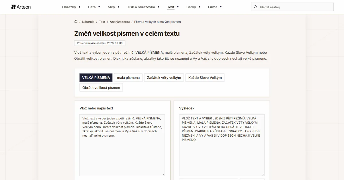 Snímek obrazovky bezplatného nástroje Arteon: Změň velikost písmen v celém textu