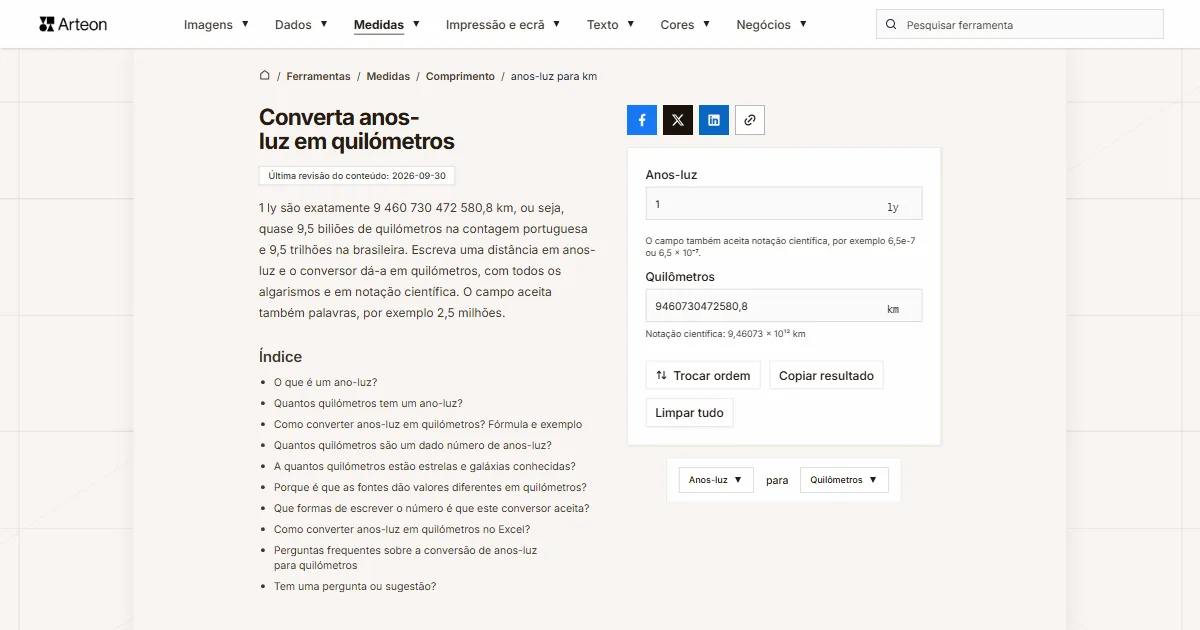 Captura de ecrã da ferramenta gratuita da Arteon: Converta anos-luz em quilómetros