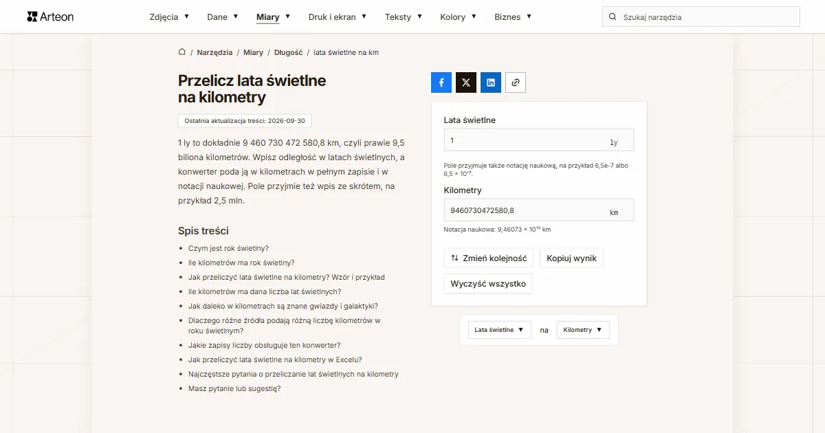 Zrzut ekranu darmowego narzędzia Arteon: Przelicz lata świetlne na kilometry