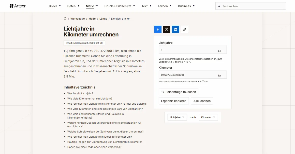 Screenshot des kostenlosen Arteon-Werkzeugs: Lichtjahre in Kilometer umrechnen