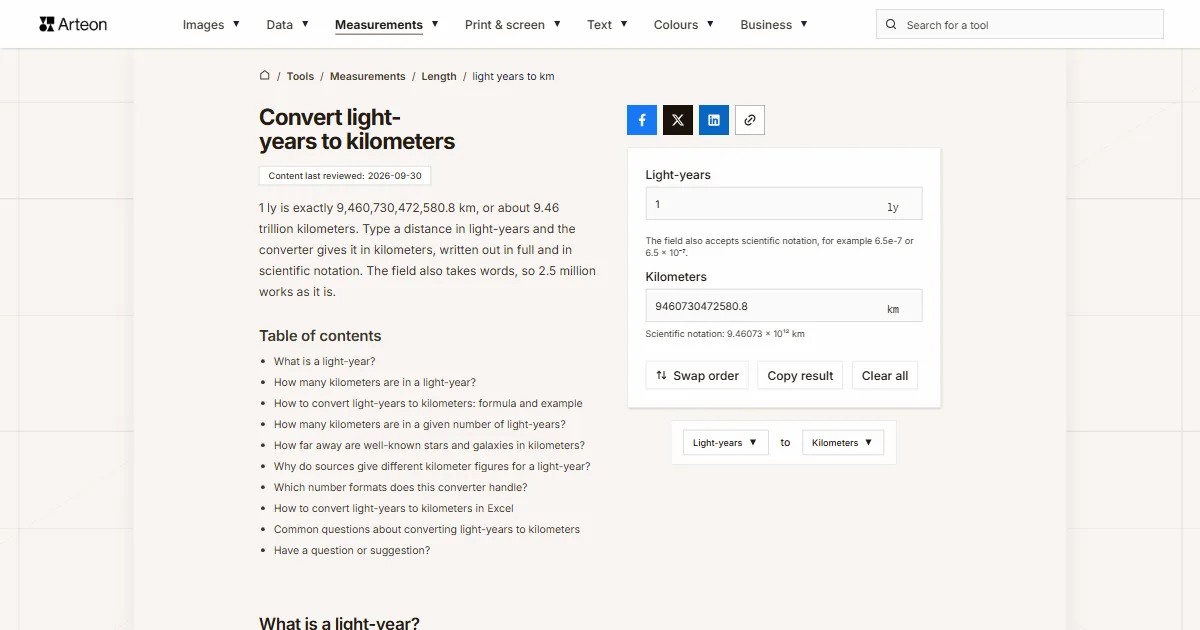 Arteon free tool screenshot: Convert light-years to kilometers